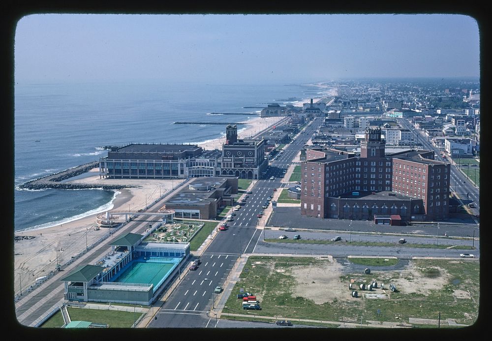 Overall above view of buildings and beach, Asbury Park, New Jersey (1978) photography in high resolution by John Margolies.…