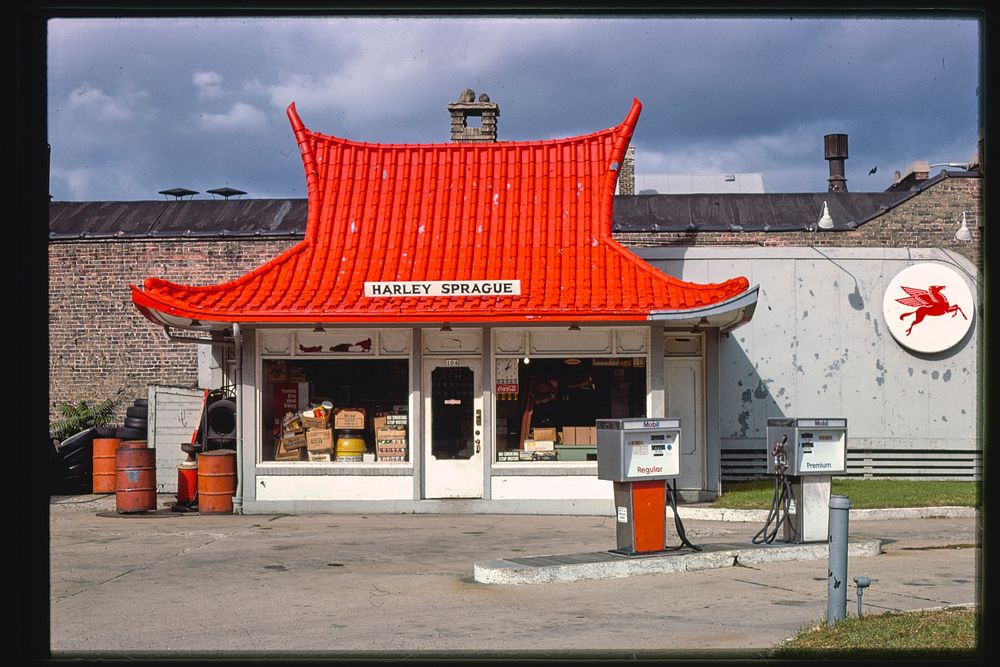 Pagoda gas station, Harley Sprague, Milwaukee, Wisconsin (1977) photography in high resolution by John Margolies. Original…