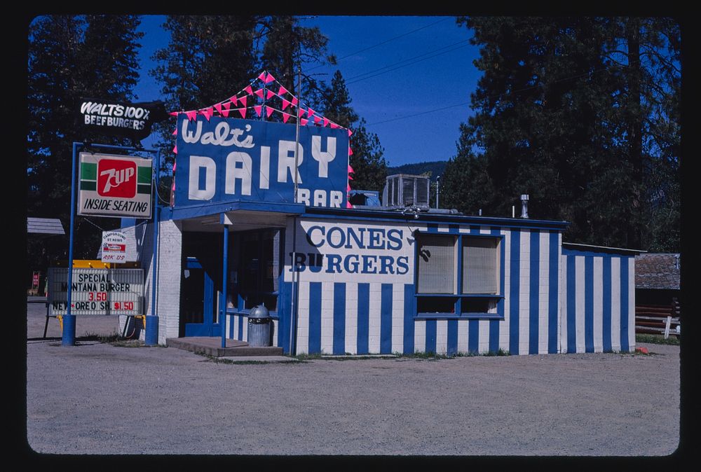 Walt's Dairy Bar, Route 10, Saint Regis, Montana (1987) photography in high resolution by John Margolies. Original from the…
