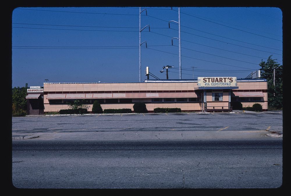Stuart's Restaurant and Cocktail Lounge, overall, straight-on view, Route 12, Worcester, Massachusetts (1984) photography in…