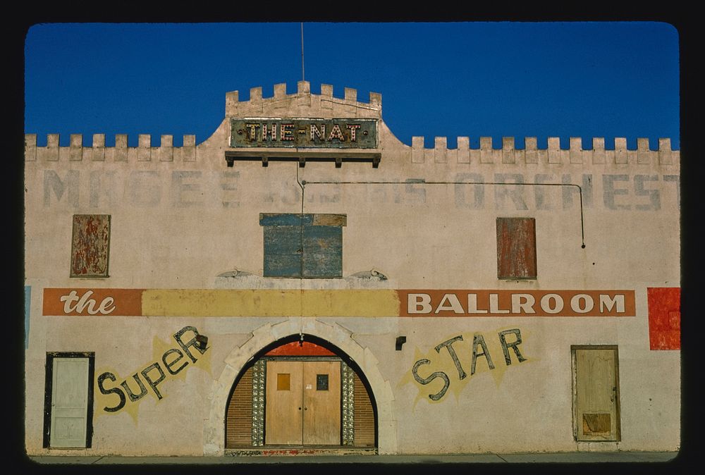 The Nat Ballroom, straight-on detail view, 6th & McMaster's, Amarillo, Texas (1977) photography in high resolution by John…