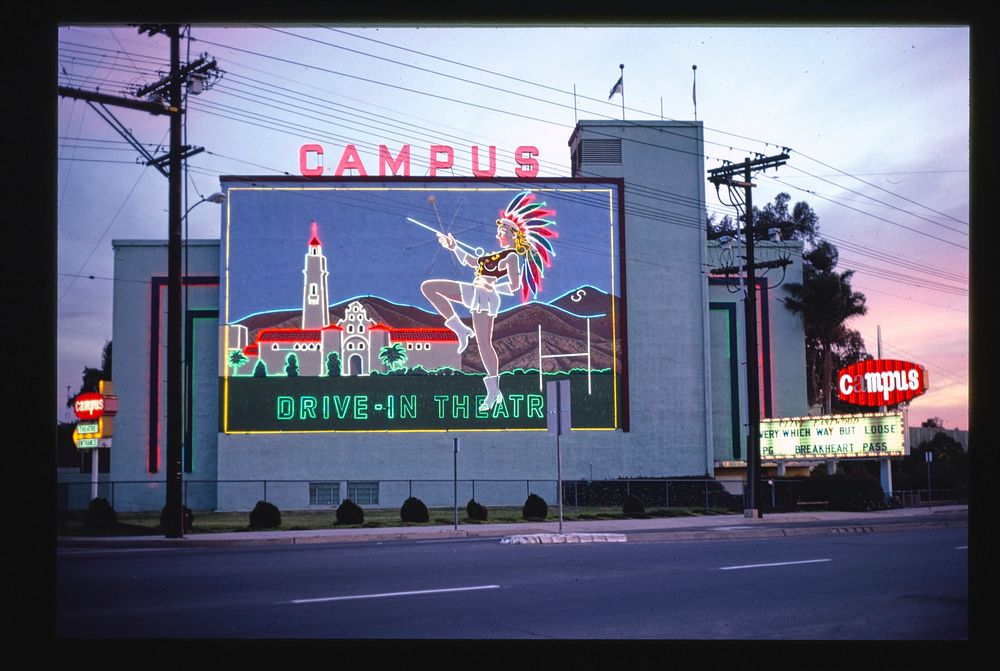 Campus Drive-In Theater, closer view with neon, El Cajon Boulevard, San Diego, California (1979) photography in high…