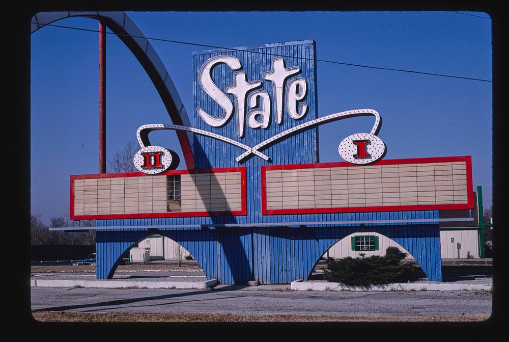 State Drive-In Theater sign, wide view showing entire arch, Route 24, State Avenue (1994) photography in high resolution by…