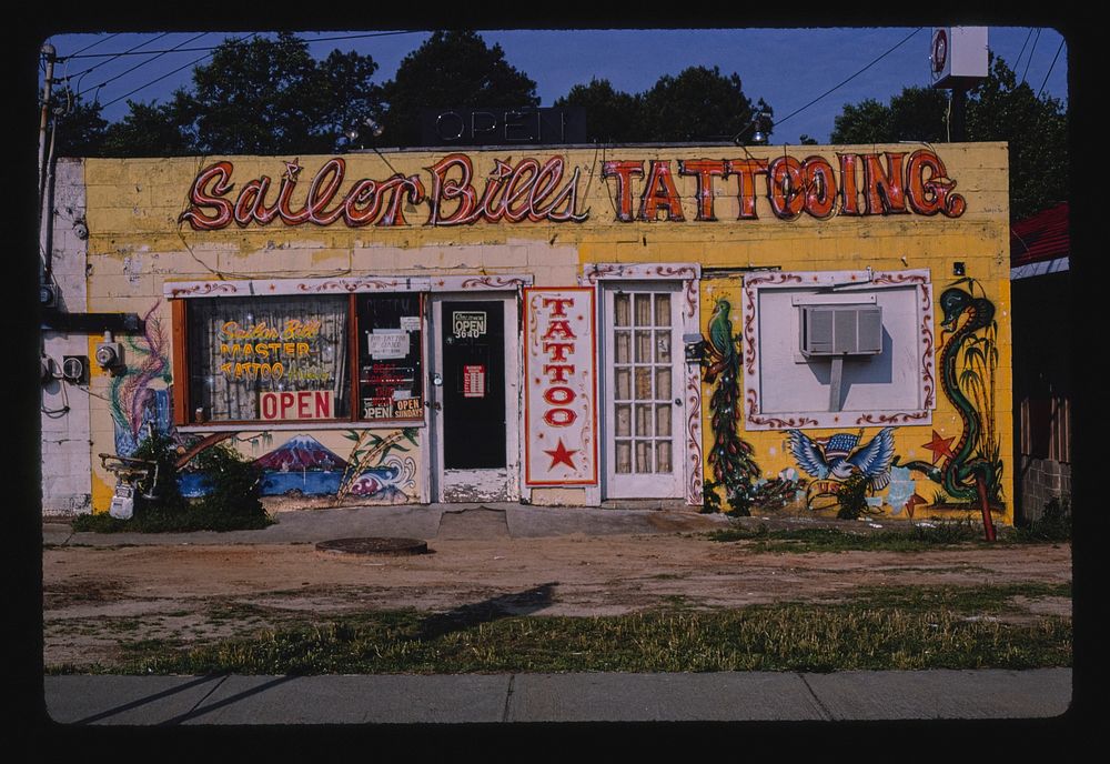 Sailor Bills Tattooing, Victory Drive, Columbus, Georgia (1982) photography in high resolution by John Margolies. Original…