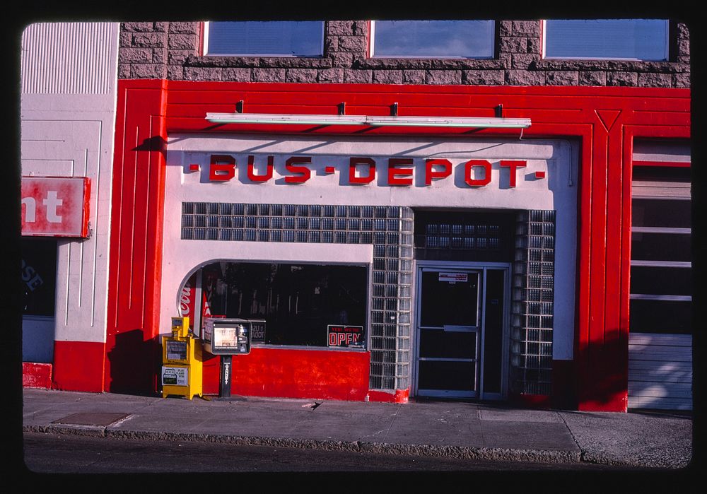 Bus Depot, Bond Street, frontal view, Bend, Oregon (1987) photography in high resolution by John Margolies. Original from…