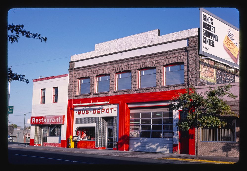 Bus Depot, angle view, Bond Street, Bend, Oregon (1987) photography in high resolution by John Margolies. Original from the…