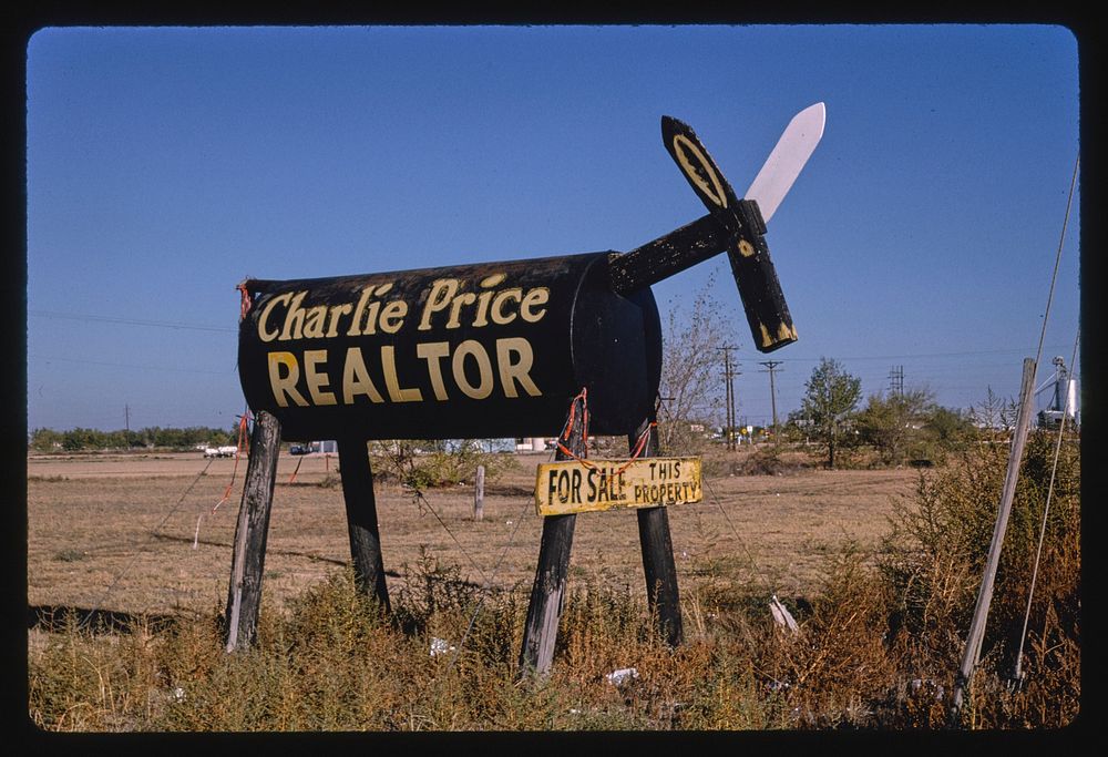 Charlie Pride Realtor donkey statue, Routes 62 & 82, Brownfield, Texas (1993) photography in high resolution by John…