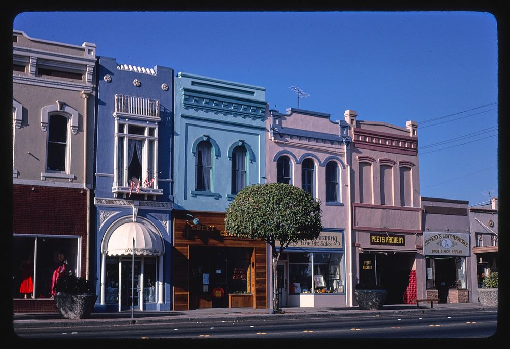 Main Street stores, angle view, Red Bluff, California (1987) photography in high resolution by John Margolies. Original from…