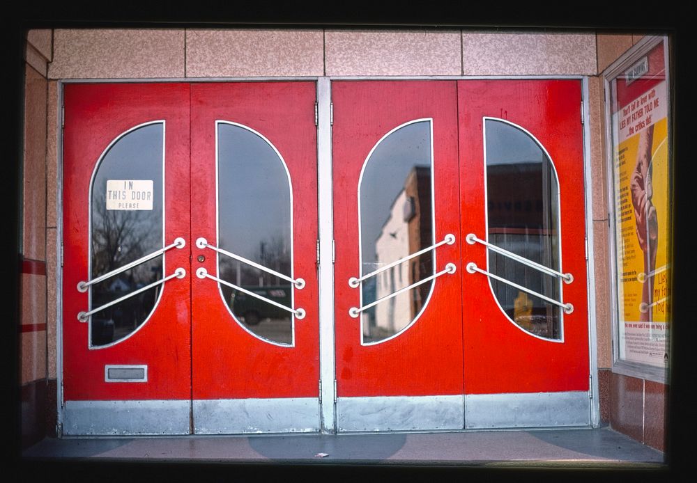 Berkley Theater, entrance doors, Robins, Berkley, Michigan (1976) photography in high resolution by John Margolies. Original…