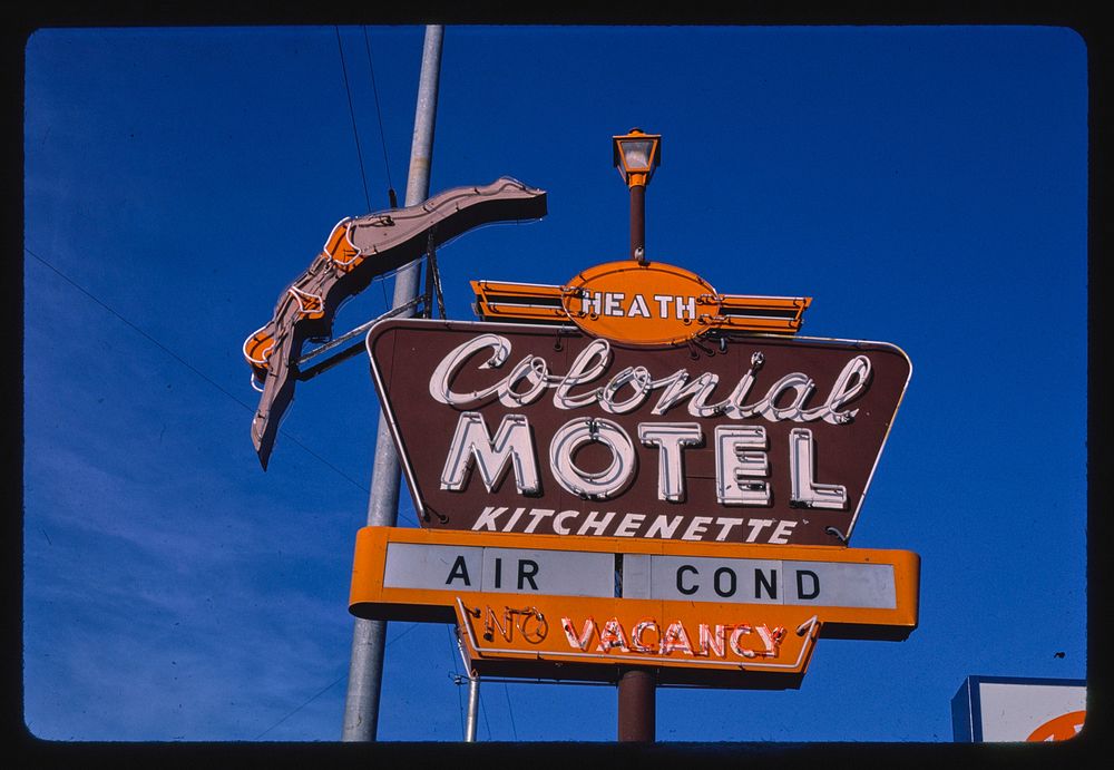 Colonial Motel sign, St. George Boulevard, Saint George, Utah (1987) photography in high resolution by John Margolies.…
