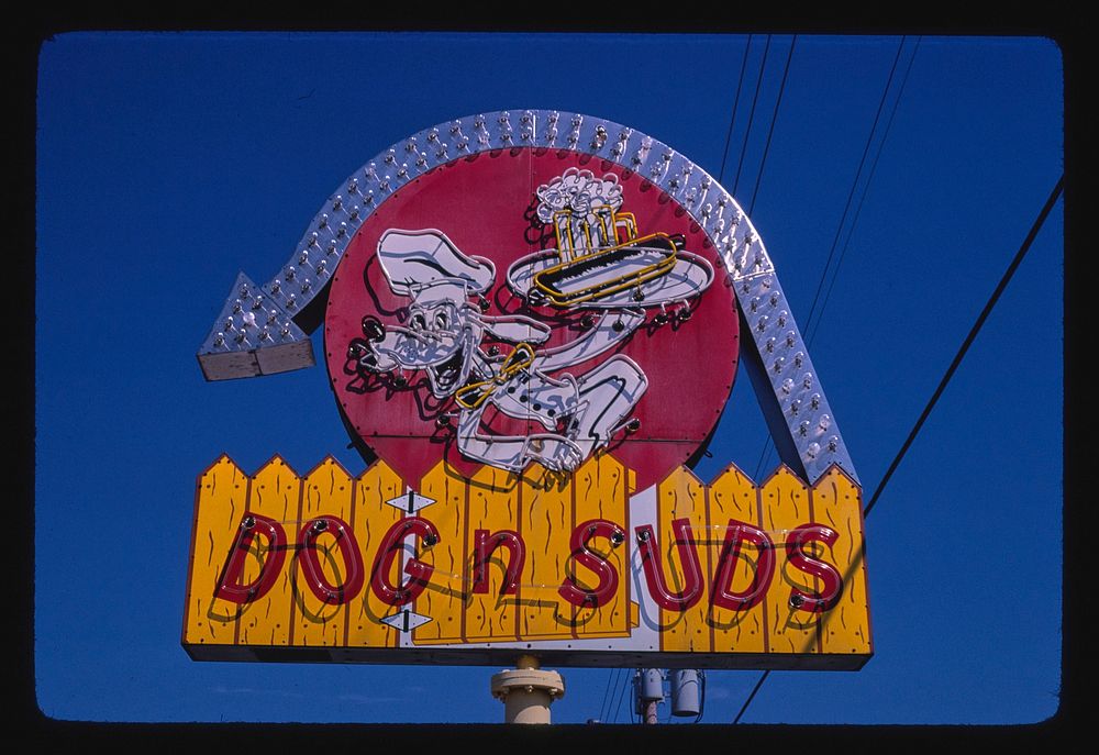 Dog n Suds sign, Route 19A, Dunedin, Florida (1980) photography in high resolution by John Margolies. Original from the…