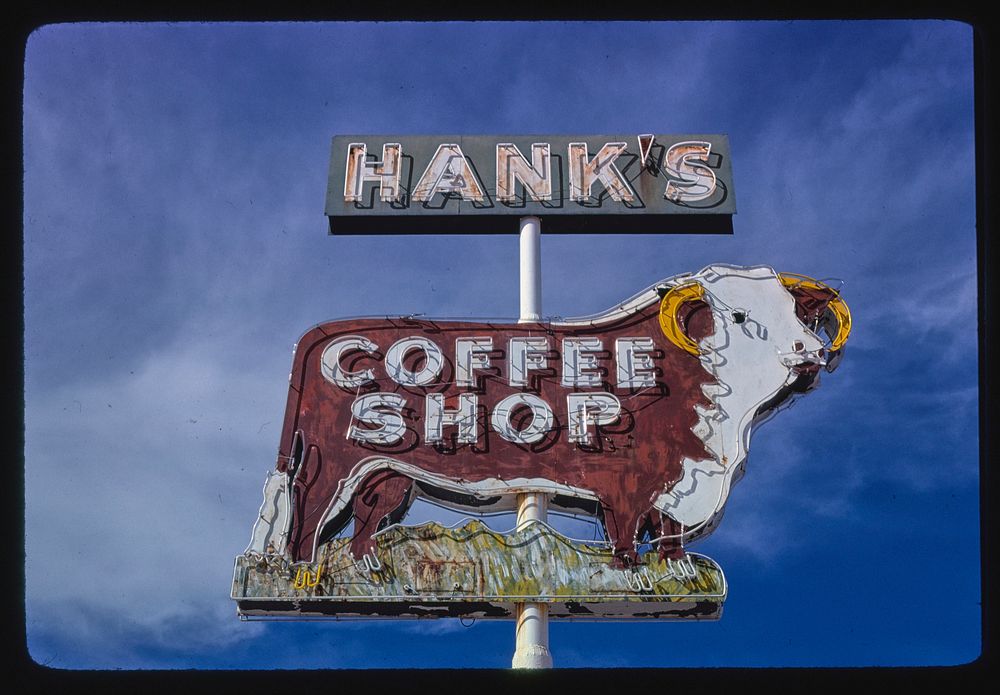 Hanks Coffee Shop sign, 4th Street, Benson, Arizona (1979) photography in high resolution by John Margolies. Original from…