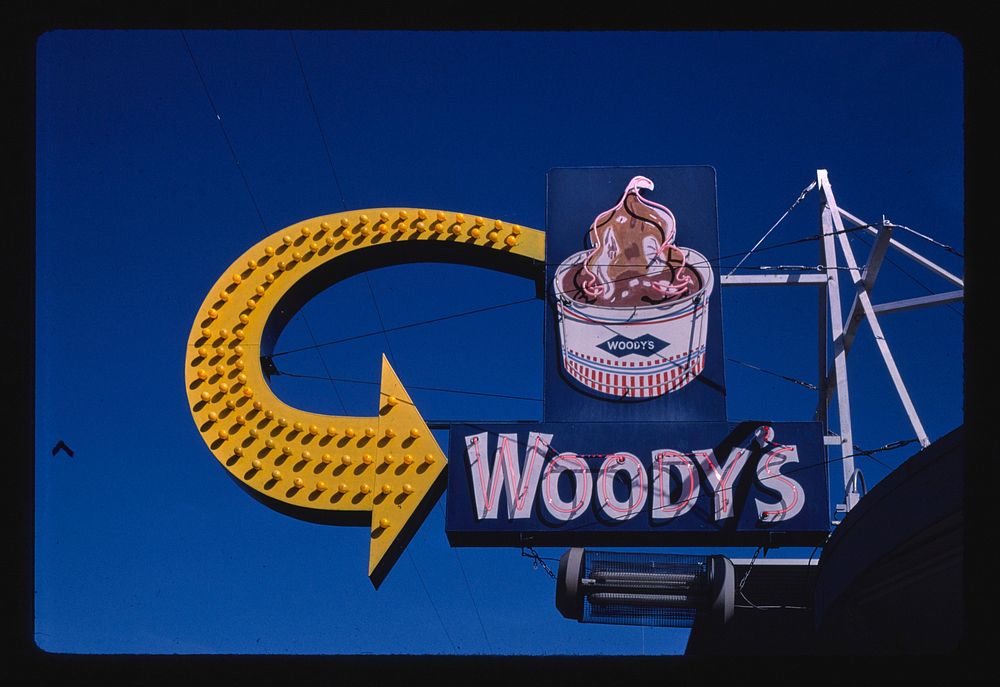 Woody's ice cream sign, B-90 [i.e. Route I-90], Moses Lake, Washington (1987) photography in high resolution by John…