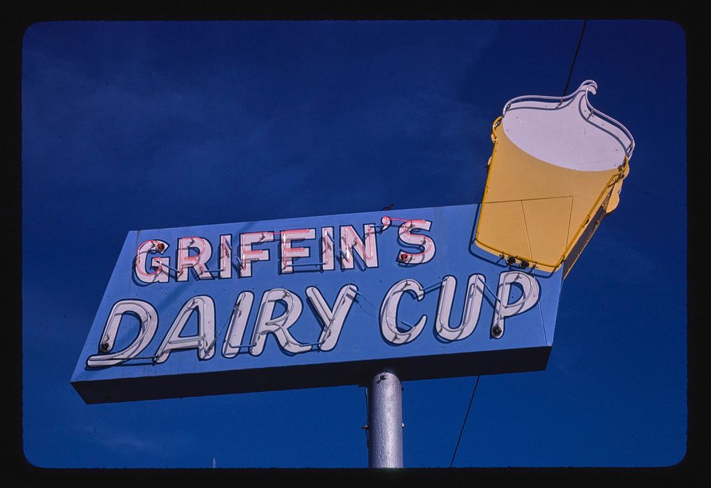 Griffin's Dairy Cup ice cream sign, Route 64, Sallisaw, Oklahoma (1979) photography in high resolution by John Margolies.…