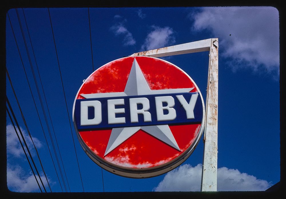 Derby gasoline sign, Route 45E, Milan, Tennessee (1979) photography in high resolution by John Margolies. Original from the…