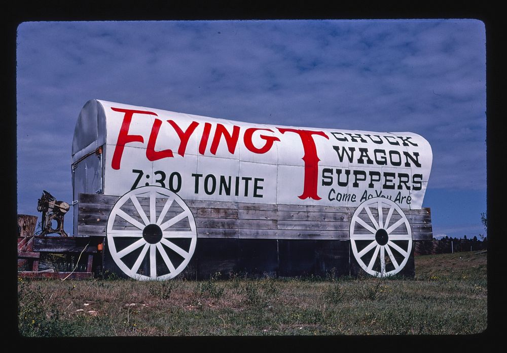 Flying T Chuckwagon Supplies sign, Route 16, (closer view), Rapid City, South Dakota (1987) photography in high resolution…