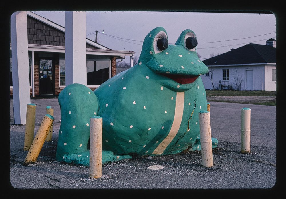 Frog statue sign, Carpetland, 15th Street, Muncie, Indiana (2004) photography in high resolution by John Margolies. Original…