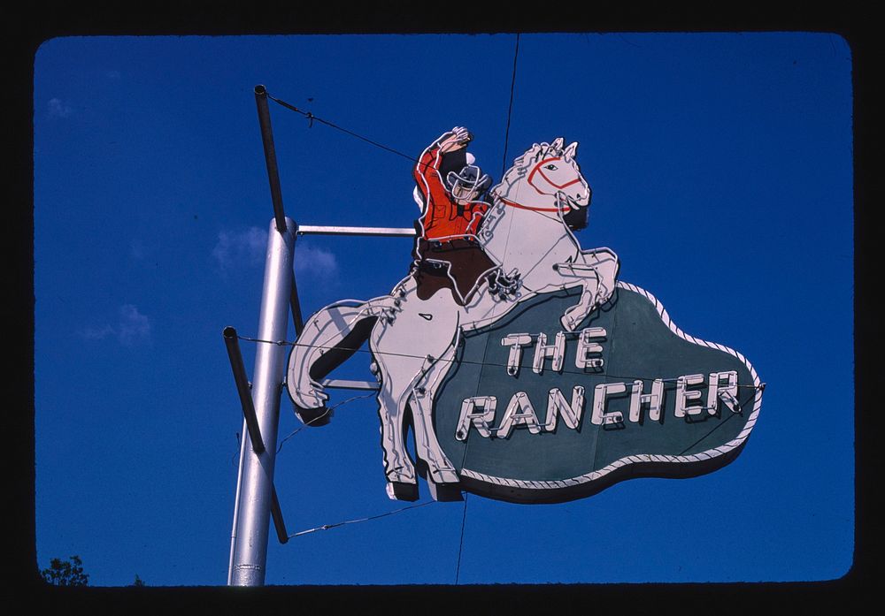 The Rancher Western Wear sign, Route 80, Monroe, Louisiana (1982) photography in high resolution by John Margolies. Original…