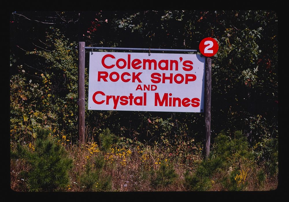 Coleman Rock Shop billboard, Route 7, Mountain Valley, Arkansas (1979) photography in high resolution by John Margolies.…