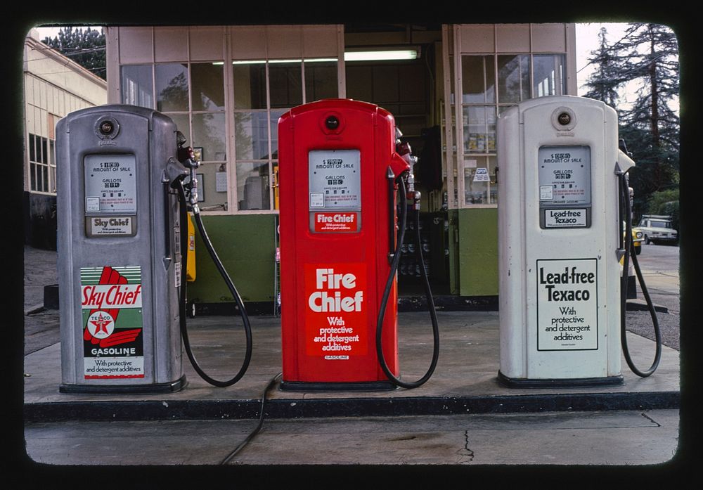 Three Texaco gas pumps, Altadena, California (1978) photography in high resolution by John Margolies. Original from the…