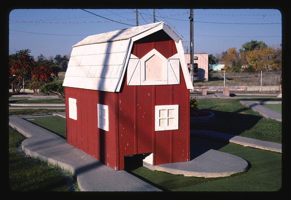 Barn front angle, Benny's mini golf, Great Falls, Montana (1987) photography in high resolution by John Margolies. Original…
