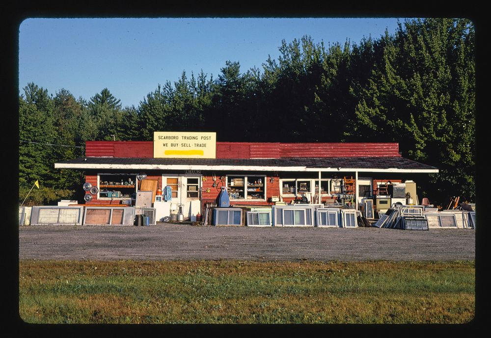 Storefront, Scarborough Trading Post, Route 1, Scarborough, Maine (1984) photography in high resolution by John Margolies.…