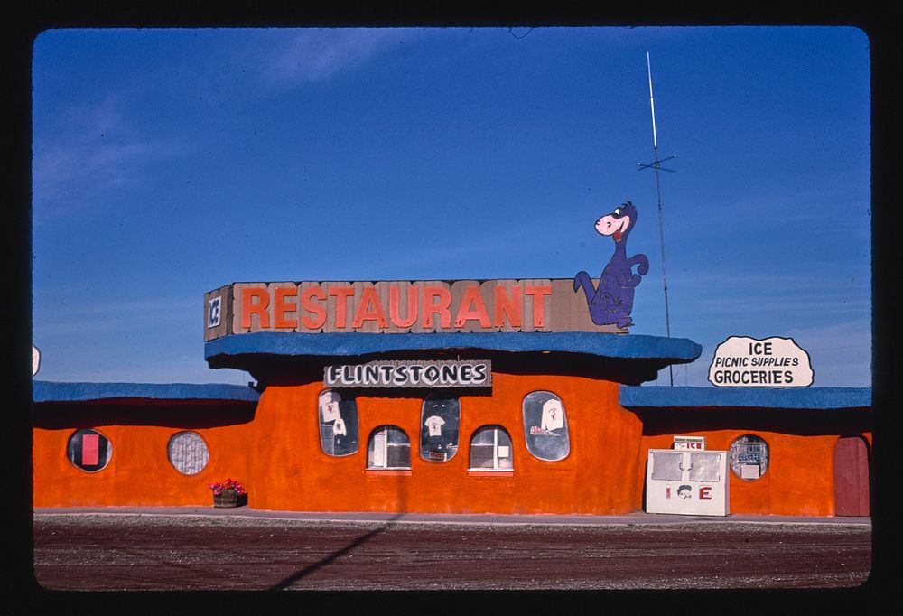 Restaurant close-up, Flintstone's Bedrock City, Valle, Arizona (1987) photography in high resolution by John Margolies.…