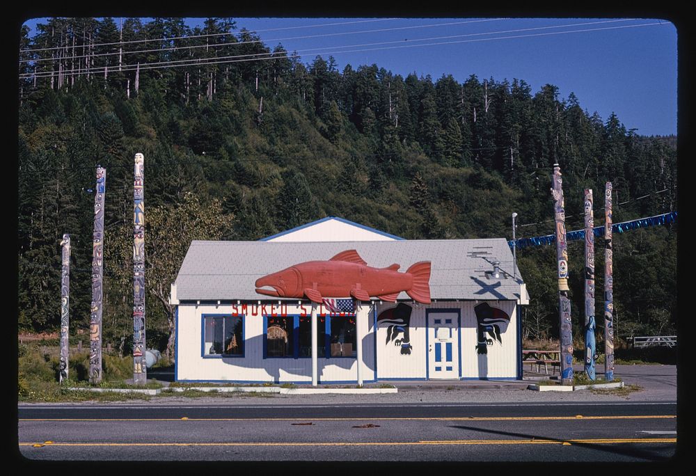 Old Klamath Smoke House and Market, Route 101, Klamath, California (1991) photography in high resolution by John Margolies.…