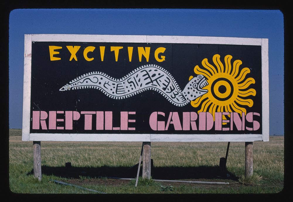 Billboard view 2, Reptile Gardens, I-90, South Dakota (1980) photography in high resolution by John Margolies. Original from…