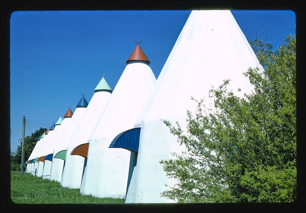 Teepees, Teepee Motel, Wharton, Texas (1977) photography in high resolution by John Margolies. Original from the Library of…
