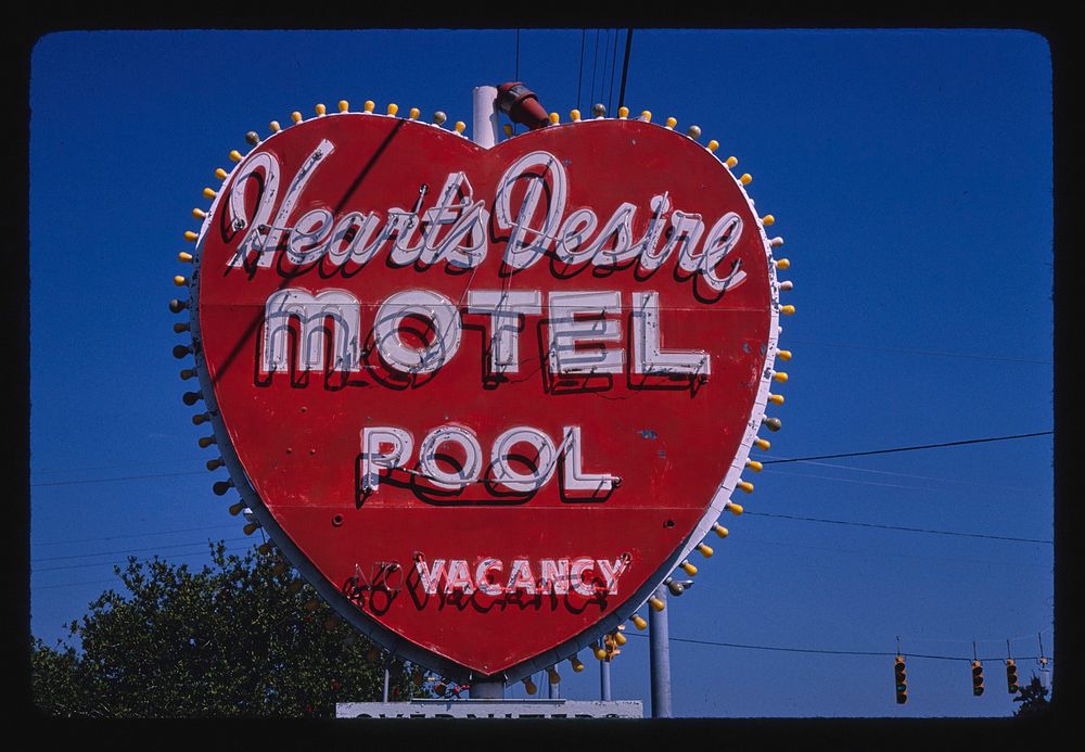 Heart's Desire Motel sign, Route 19A, Dunedin, Florida (1980) photography in high resolution by John Margolies. Original…