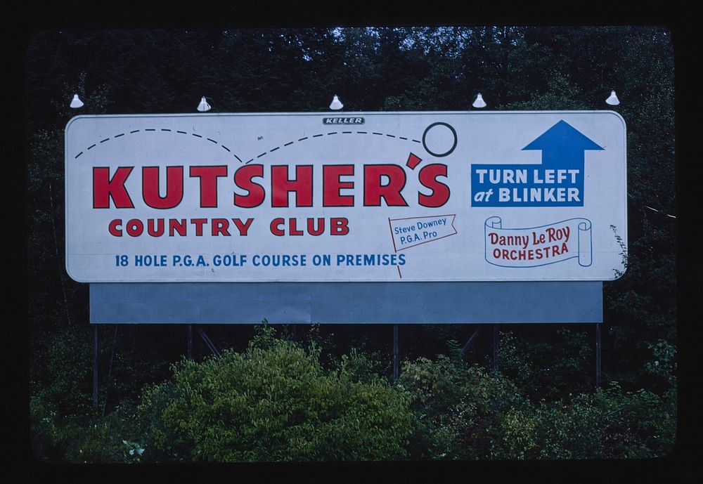 Kutsher's billboard, Thompson, New York (1977) photography in high resolution by John Margolies. Original from the Library…
