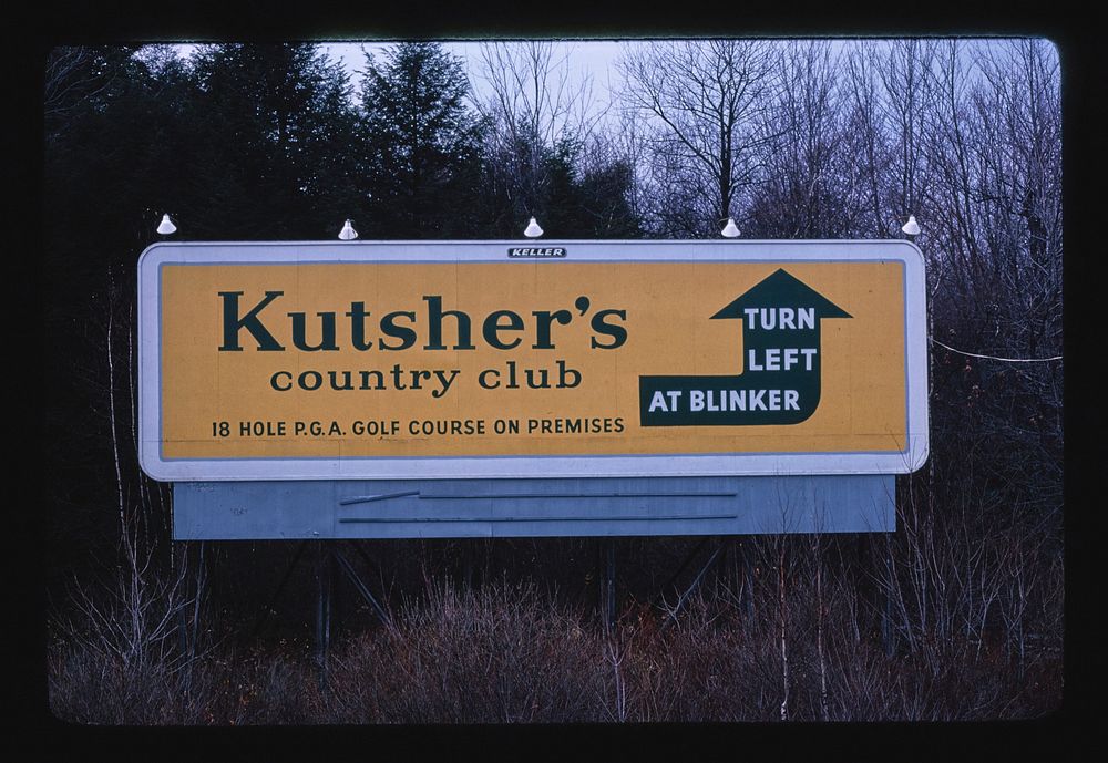 Kutsher's billboard, Thompson, New York (1976) photography in high resolution by John Margolies. Original from the Library…
