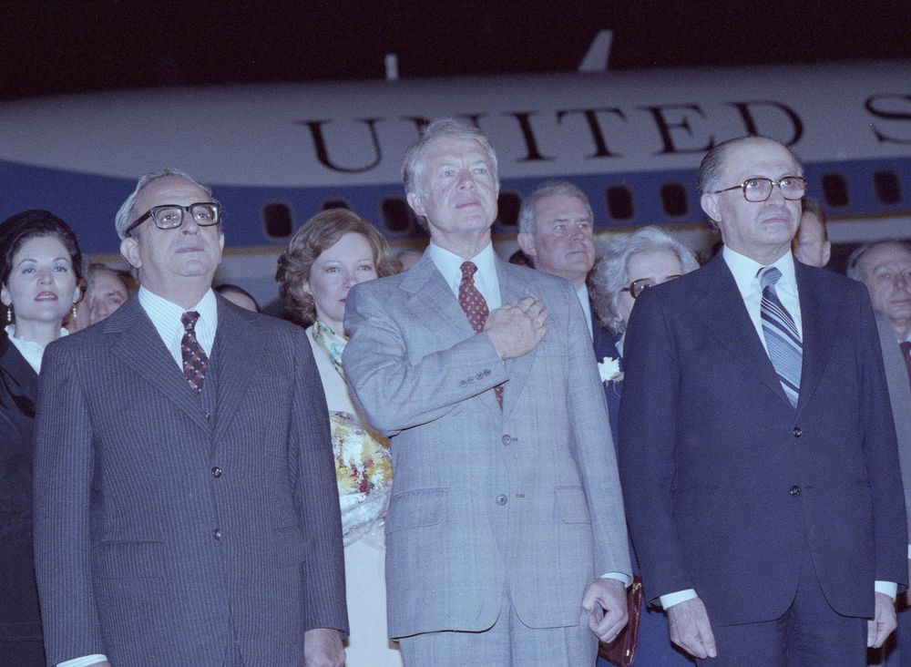 Prime Minsiter Begin welcomes President Carter and First Lady Rosalynn Carter in Tel Aviv, March 10, 1979Photo courtesy of…