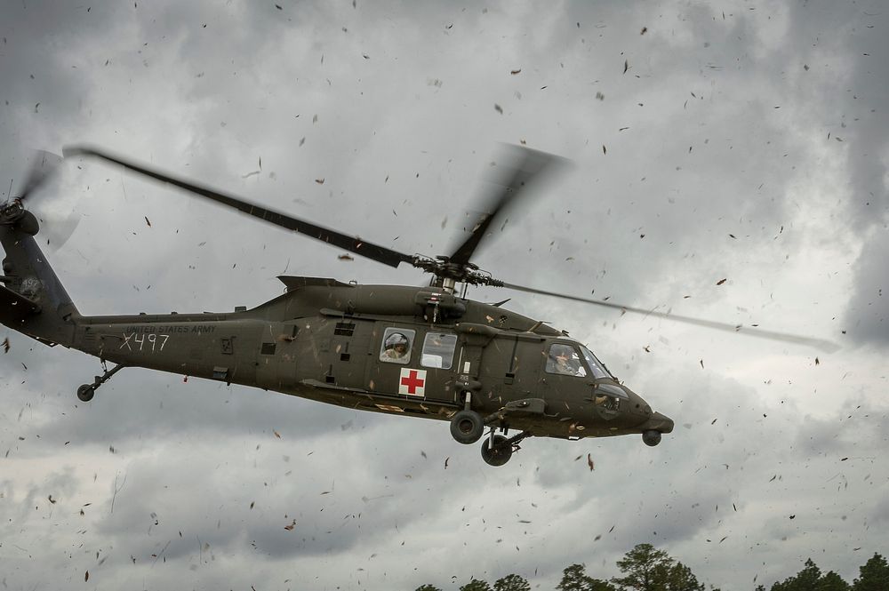 A U.S. Army UH-60 Black Hawk helicopter hovers above Geronimo Landing Zone during the Joint Readiness Training Center 14-05…