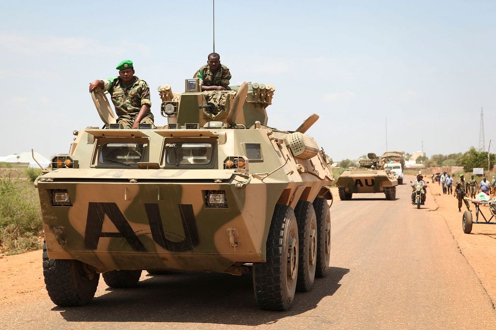 Ethiopian troops, as part of the African Union Mission in Somalia, drive through Baidoa town during a routine patrol. AU UN…
