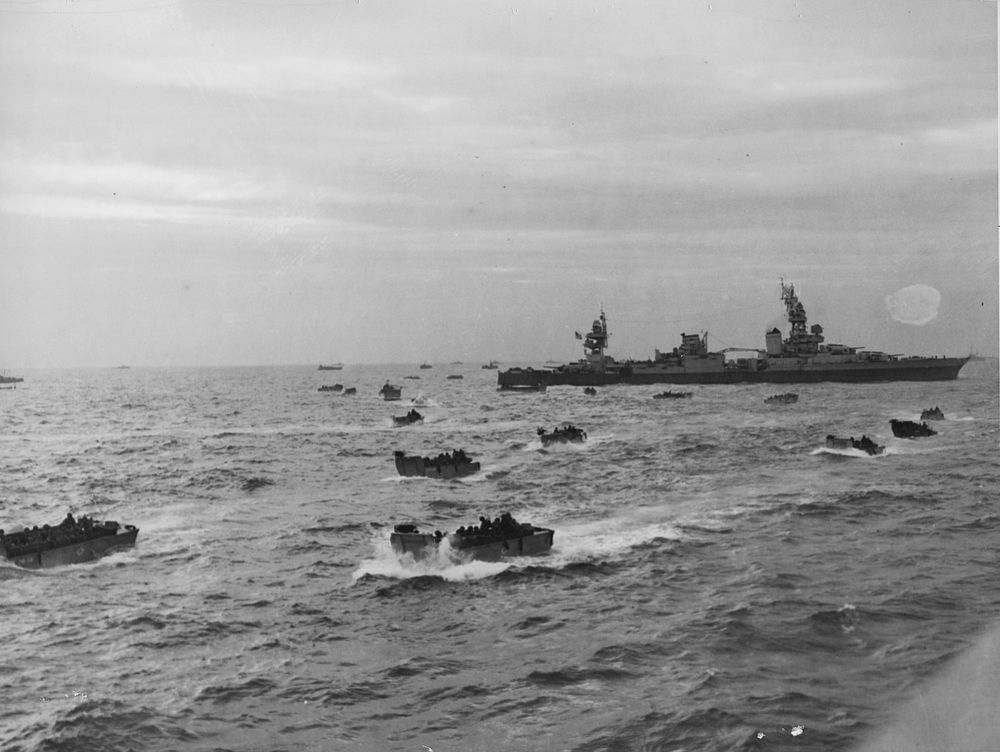 Amphibious assault, Okinawa. [Boats.] [World War 2.] [Scene.] WWII -Air and Sea Battle Photos. 04/01/1945; photo courtesy of…
