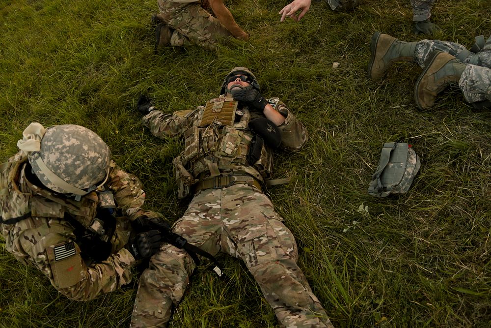 U.S. Air Force Airmen from the New Jersey Air National Guard's 177th Fighter Wing participate in tactical combat casualty…