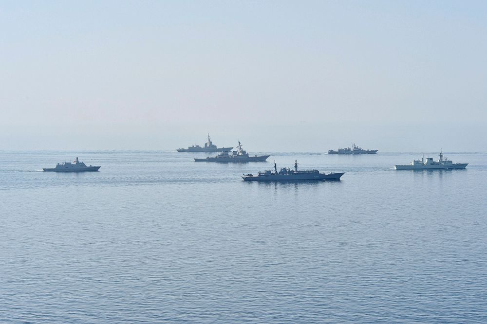 Ships from various countries steam in formation during Sea Breeze 2014 in the Black Sea Sept. 10, 2014.