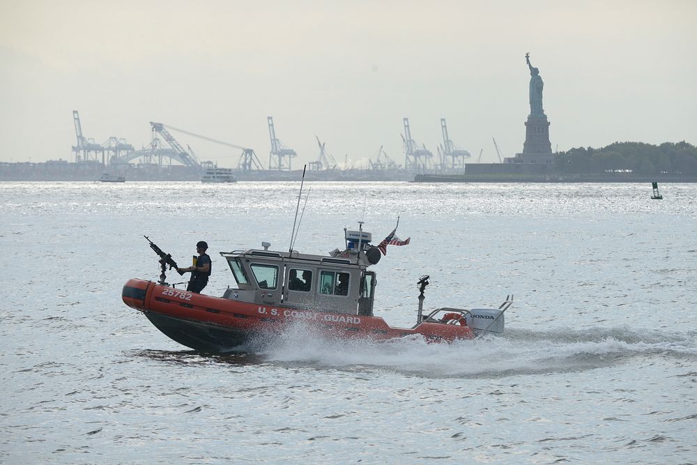 U.S. Coast Guardsmen assigned to Maritime Safety and Security Team (MSST) Boston conduct security sweeps of New York Harbor…