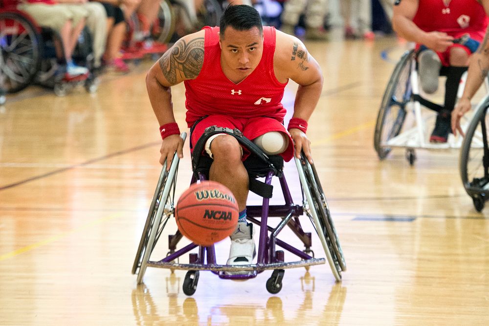 during wheelchair basketball preliminary rounds for the 2015 Department of Defense Warrior Games at Marine Corps Base…