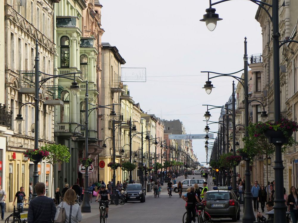 Downtown city sites and June festival on Piotrkowska Street in Łodz, Poland. Original public domain image from Flickr