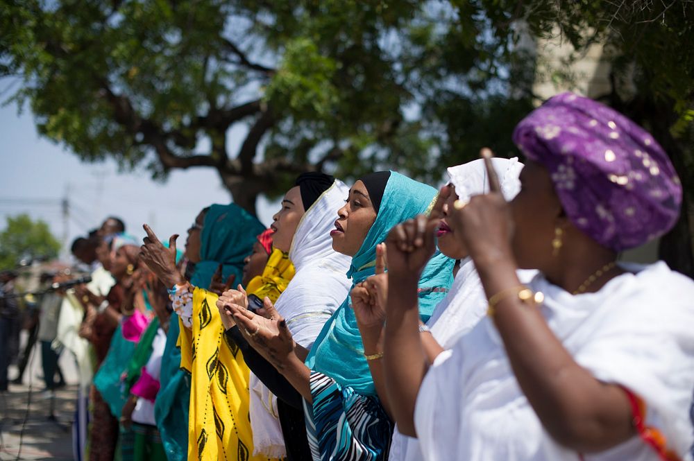 The Heegan Band performs during Eid Al-Fitr celebrations at the Sayidka square in Mogadishu on July 17 2015.