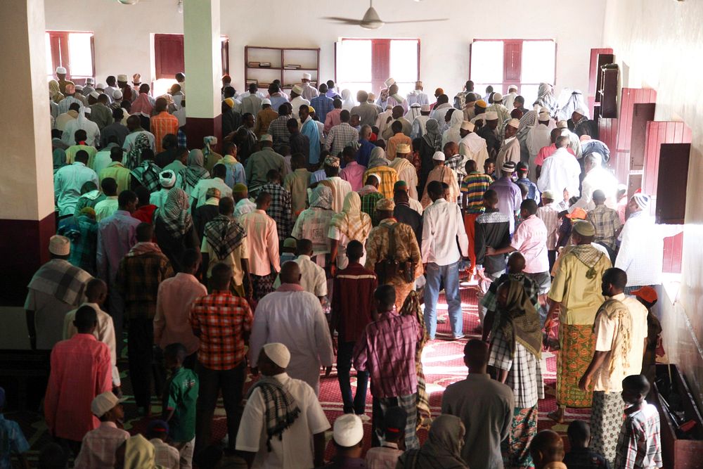 Residents of Kismayo pray at Hamza Mosque during the celebrations to mark Eid Al-Fitri in Somalia on July 17, 2015. AMISOM…