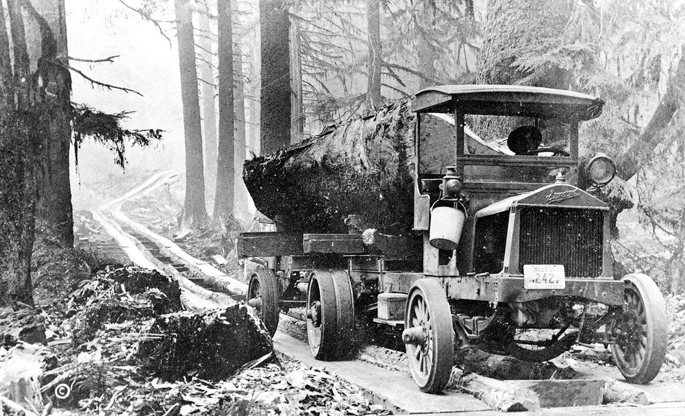 Rived Log on Truck on Plank RoadWWI Spruce Production Division - established to harvest wood for military airplane…