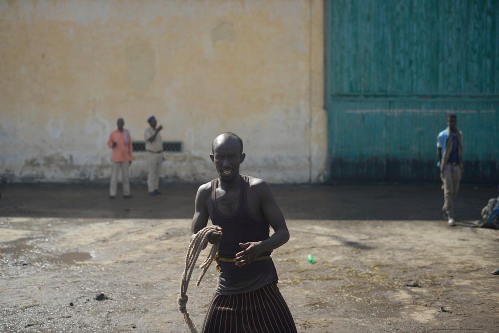 A Somali dock worker holds a piece of rope, used to help and try corral cattle into a nearby pen before they are loaded onto…