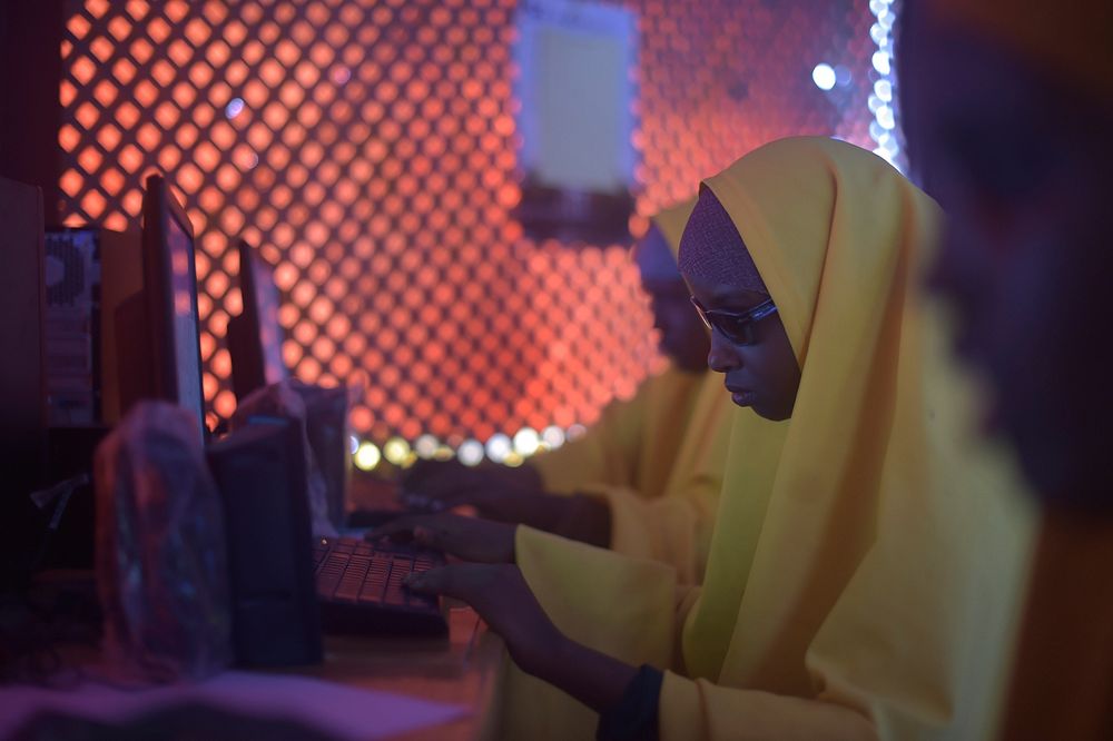 A group of students at the Al-Nor School for the Blind practice their lessons in the school's computer lab in Mogadishu…