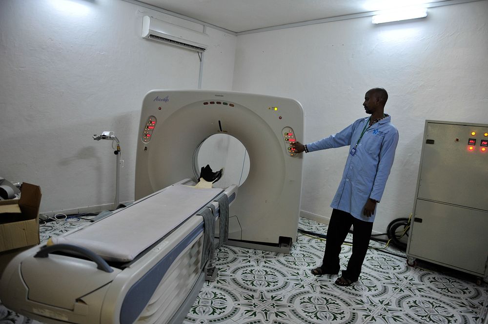 A staff member of the Blue Star Hospital tests a machine in Mogadishu, Somalia on October 14 2015. It is the only hospital…