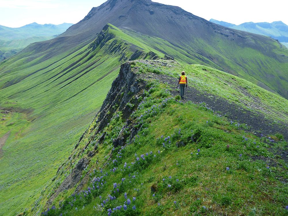 Woman walking along a ridge just south of Akutan with the Cascade Bight vent visible in the background. Original public…