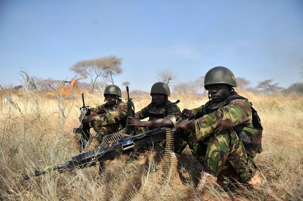 Kenyan Defence Forces serving under the African Union Mission in Somalia (AMISOM) man their position at El-Adde in the…